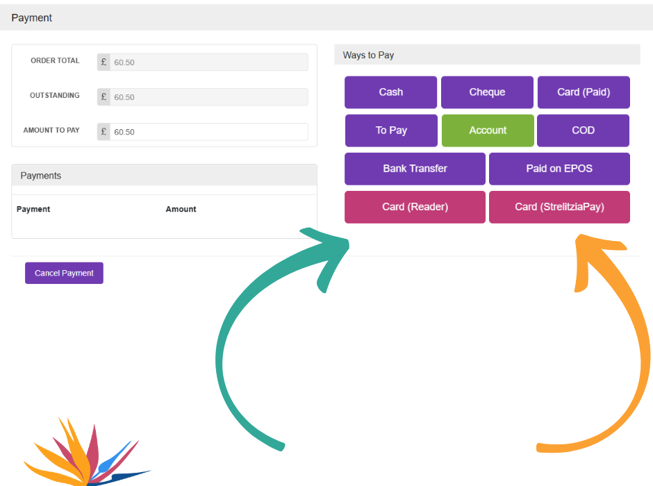 Strelitzia payment buttons in CRM Software for florists with integrated payments